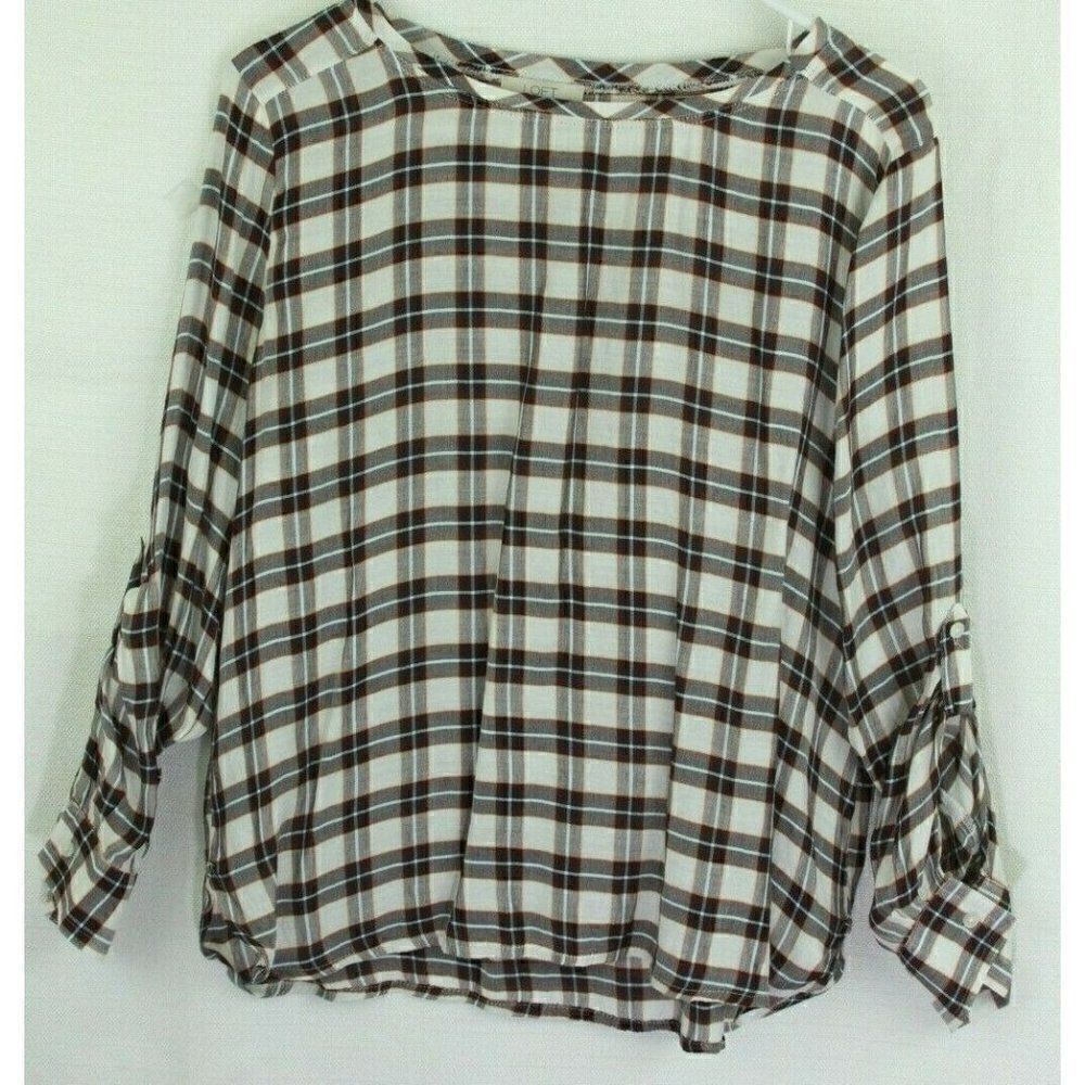 Loft Top plaid roll-tab sleeves pullover Womens PETITE MEDIUM